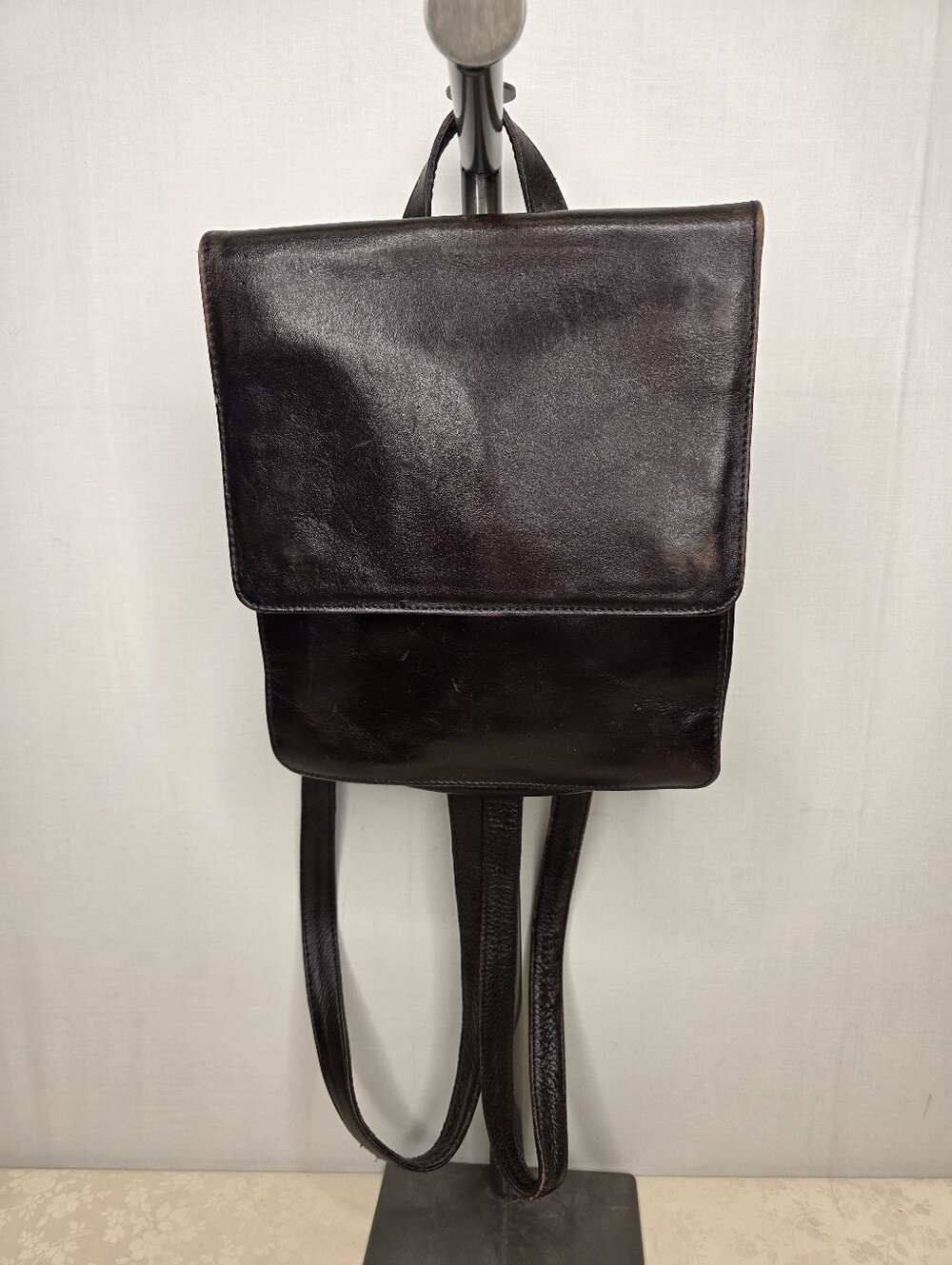 Hidesign Vintage Dark Brown Leather Backpack Flap Plaid Lining Academic